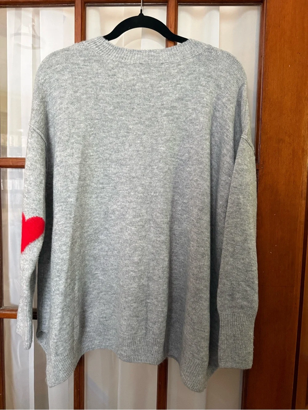CeCe Gray Crewneck Sweater with Red Heart Elbow Patches